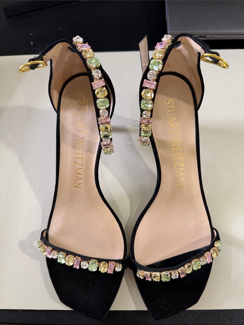 Stuart Weitzman Black Suede Gem-Embellished Ankle Strap Heels